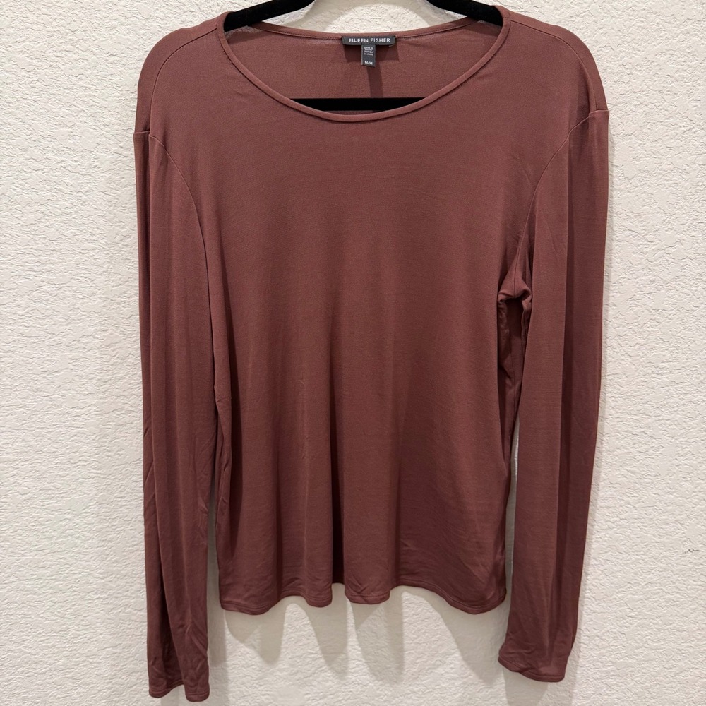 Eileen Fisher Womens Terracotta Brown Long Sleeve Crew Neck Jersey Top Medium